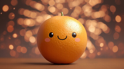 Smiling Orange: A cheerful orange fruit with a friendly face, radiating a sense of warmth and happiness, set against a backdrop of festive bokeh lights.