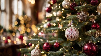 Festive christmas decorations with cozy holiday lights and ornaments