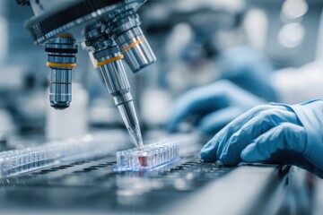 Engineers conducting advanced research in a modern biotechnology lab in the United States during daylight hours