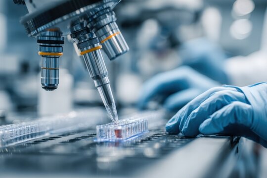 Engineers conducting advanced research in a modern biotechnology lab in the United States during daylight hours