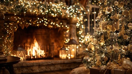 Fototapeta premium Cozy christmas tree with sparkling ornaments and warm fireplace glow in festive holiday setting