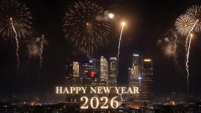 A nighttime city skyline lit by large golden fireworks and glowing light reflections. The scene creates a dramatic and festive New Year atmosphere perfect for celebrations and greeting visuals.