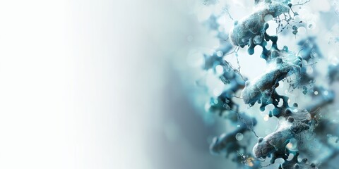 Abstract medical science background featuring a detailed 3D rendered blue DNA helix or molecular structure on the right, set against a bright, blurred backdrop with ample white copy space for text on