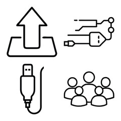 Data Upload Arrow, Audio Jack Connector, USB Cable, and Group of Four People Outline Icons Set