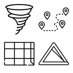 Abstract Line Icon Set Featuring Tornado Swirl, Location Route with Pins, Calendar Grid, and Warning Triangle Symbols in Minimal Outline Style Isolated on White Background for Web and App Design