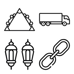 Minimal Line Icon Set Featuring Camping Tent with String Lights, Delivery Truck, Decorative Lanterns, and Chain Link Symbols in Outline Style Isolated on White Background for Web, App, and UI Design