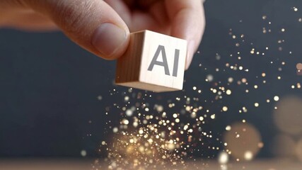 a hand lifting a wooden block labeled AI from a grid of other blocks, soft focus background with digital particles floating around
