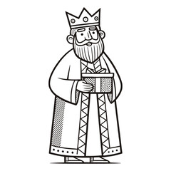 Wise man king with gift cartoon drawing black and white