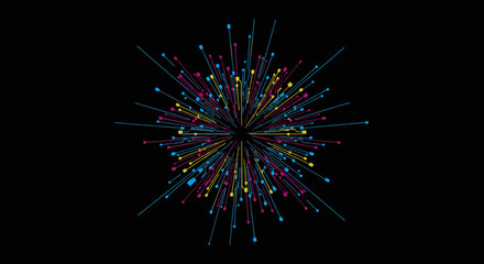 A vibrant abstract explosion of multicolored lines and dots radiating outwards from a central point against a stark black background, symbolizing energy and dynamic motion.