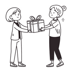 Two women exchanging a wrapped gift box with a bow, simple line art illustration