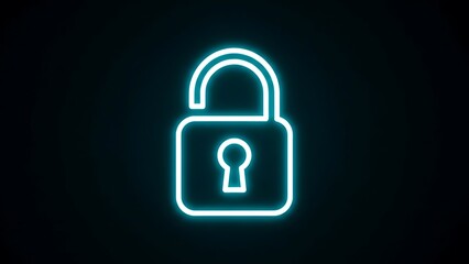 Neon glowing unlocked padlock icon on black background, security concept.