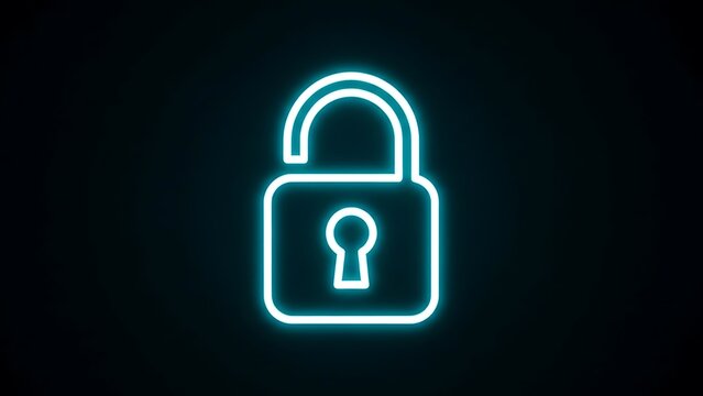 Neon glowing unlocked padlock icon on black background, security concept. - Powered by Adobe