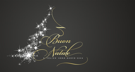 Obraz premium Merry Christmas and Happy New Year 2026 Italian language golden white light script calligraphy typography with glitter sparkle stardust in shape of Christmas tree black background greeting card