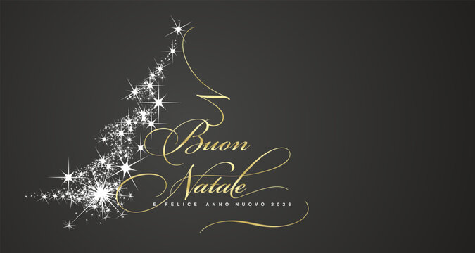 Fototapeta Merry Christmas and Happy New Year 2026 Italian language golden white light script calligraphy typography with glitter sparkle stardust in shape of Christmas tree black background greeting card