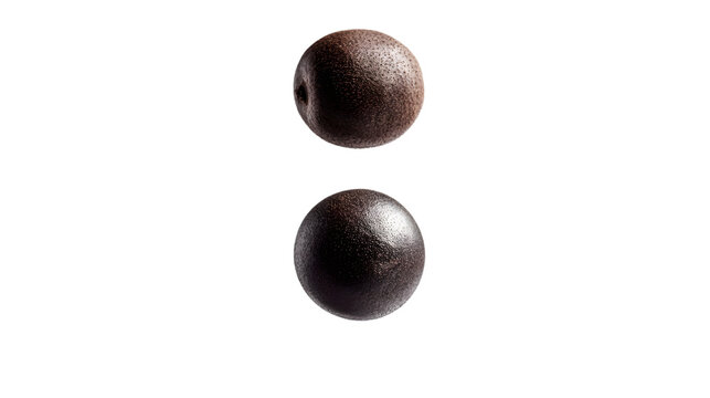 Clean composition presents two weightless kiwis as they suspend freely, isolated on white