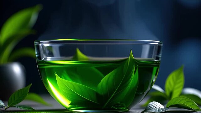 Steaming cup of fresh green tea with vibrant leaves a natural and healthy herbal infusion for wellness and relaxation
