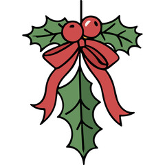 Traditional Christmas Holly and Red Ribbon Decoration with Berries and Green Leaves Isolated on Black Background Seasonal Festive Holiday Element