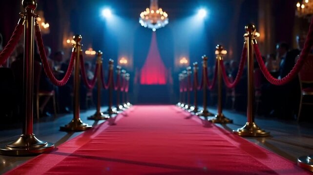 Empty red carpet leading to a grand stage illuminated by dramatic spotlights and a luxurious chandelier symbolizing exclusivity and success