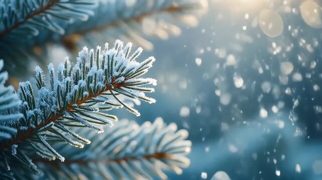 Close-up of snow-covered pine tree branches glistening in soft sunlight with falling snowflakes