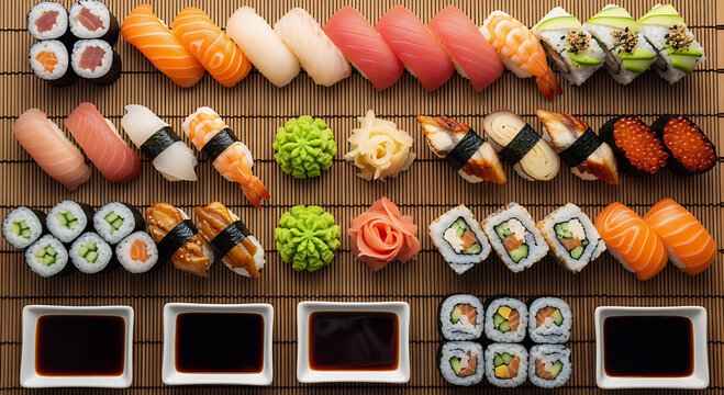 A high-angle, flat-lay arrangement of various types of sushi and rolls, along with wasabi, ginger, and soy sauce dishes, presented on a bamboo mat.