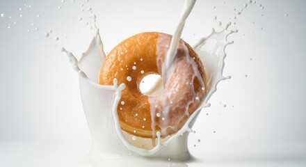 Glazed pastry item plunges into white liquid causing a dynamic splash