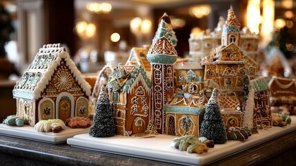 Festive gingerbread houses and assorted christmas cookies on holiday table