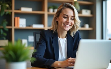 Smiling busy mature middle aged professional business woman manager executive wearing suit looking at laptop computer technology in office working on digital project sitting at desk. High quality