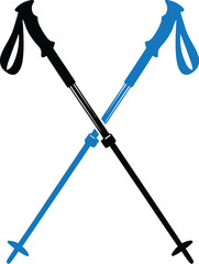 Two crossed hiking poles in blue and black on transparent background silhouette