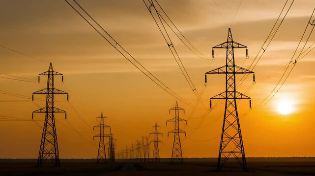 Industrial landscape with a long row of electricity pylons silhouetted against a dramatic orange sunset depicting power transmission and energy infrast