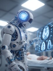 Fototapeta premium Futuristic Medical Robot Analyzing Brain MRI Scan on Holographic Display in High-Tech Clinic