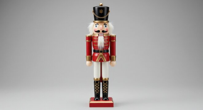 A traditional wooden nutcracker soldier doll in a festive uniform stands before a plain background.