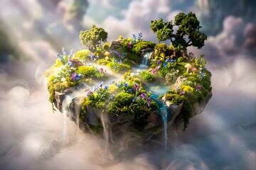 Vibrant miniature floating island landscape with moss, wildflowers, and a cascading waterfall, enveloped in a mystical cloud of mist.