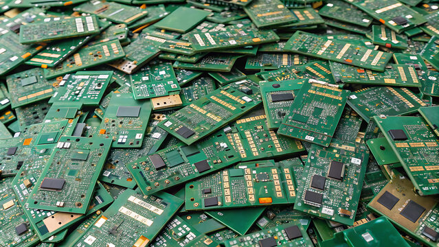A large pile of green circuit boards ready for recycling or processing as electronic waste.