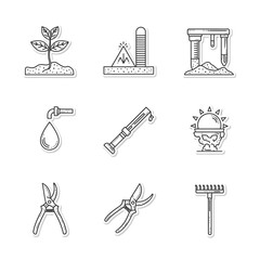 Fototapeta premium A comprehensive collection of line art icons depicting essential elements and tools for modern agriculture, sustainable gardening, and environmental cultivation practices.