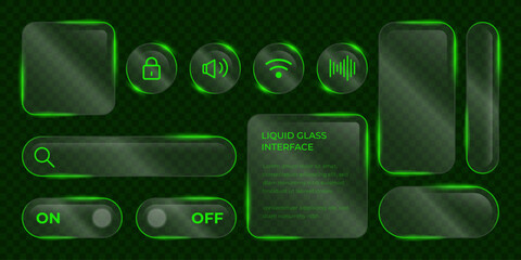 3D Liquid glass smartphone interface isolated. UI UX light frame rounded square and circle elements with a glow stroke. Collection design widget for smartphone and web app.