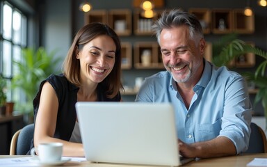 Two middle age business workers smiling happy and confident. Working together with smile on face using laptop at the office. High quality