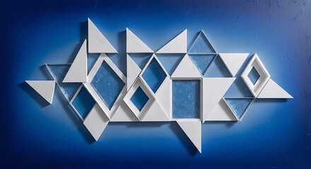 A sophisticated piece of abstract 3D wall art consisting of interlocking white geometric shapes—triangles and diamonds—mounted on a textured blue gradient background. Some internal sections feature a 