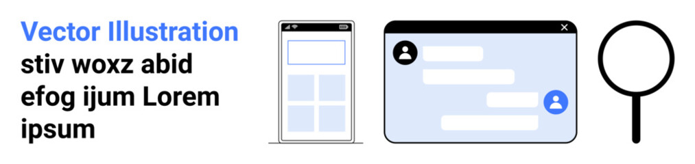 Obraz premium Online communication, mobile apps, messaging, search function, user interaction, digital tools. Mobile interface, chat window and magnifying glass icon. Online communication and mobile apps concept
