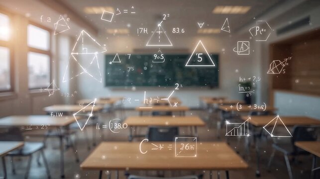  Welcoming classroom design appears through blurred chair table and dark blackboard interior wallpaper background - Powered by Adobe