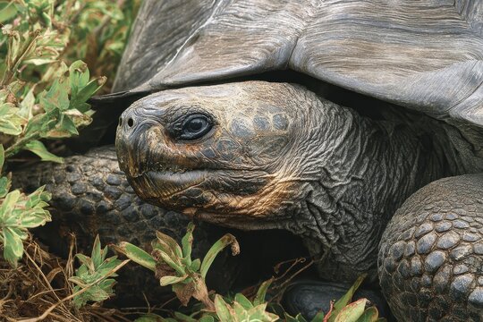 Galapagos giant tortoise Chelonoidis nigra Galapa resting among lush vegetation on Santa Cruz Island during a sunny afternoon