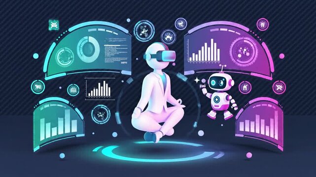 animated cartoon style Futuristic VR User with AI Robot and Holograms  Virtual Reality and Robot in Data Visualization Cute Robot Assisting in Virtual Reality Loop 