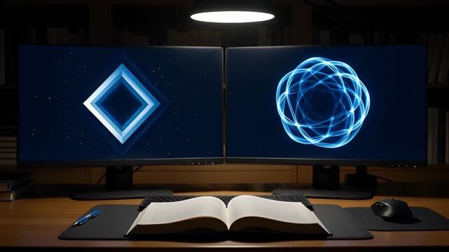Dual computer monitors displaying glowing blue abstract shapes illuminating a modern home office desk at night perfect for technology and digital conce
