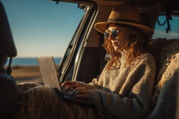 Woman enjoys remote work from her car by the beach at sunset, highlighting the freedom of working outside in a cozy sweater and hat