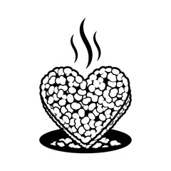 Heart shaped coffee beans vector silhouette with rising steam, a comforting hot beverage ingredient isolated on white background