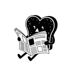 Heart shaped toast character silhouette vector reading a newspaper with a serious expression isolated on white background