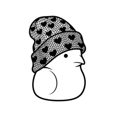 Small bird silhouette wearing a knitted beanie hat adorned with heart patterns vector illustration isolated on white background