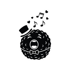 Singing furry monster character silhouette vector illustration with top hat and bow tie isolated on white background