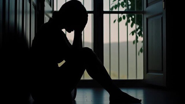 Somber silhouette of a person sitting on the floor by a window illustrating concepts of loneliness depression and emotional distress