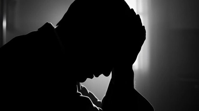 High contrast silhouette of a person with head bowed and hands covering face representing concepts of depression grief and mental health