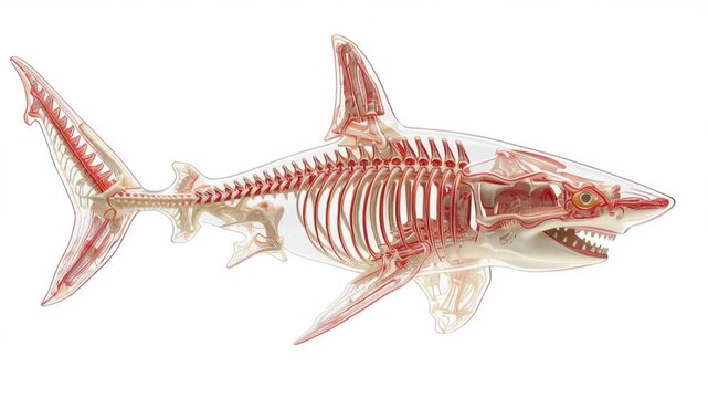 Shark anatomy illustration displaying detailed organ and skeletal system in transparent marine fish body, highlighting internal structure and biological features of predator biology system